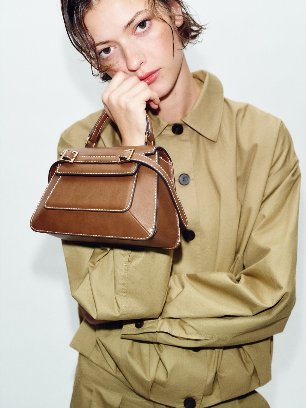 Zara Small Brown Leather Messenger Bag with Top Handle